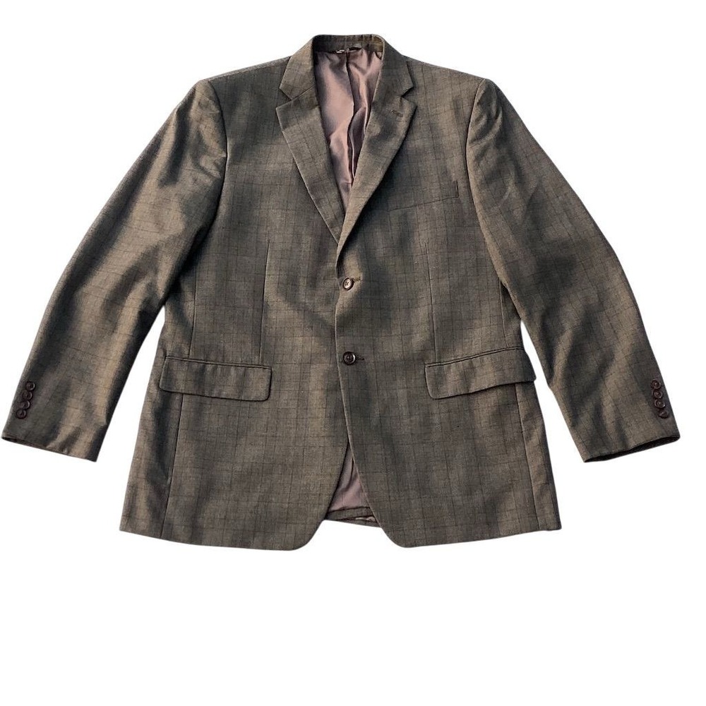Haggar Men's Brown Plaid Wool Sport Coat Blazer Size 44 Long 2-Piece